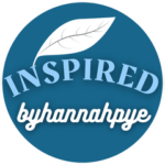 INSPIRED by Hannah Pye Site Logo words on blue background with single leaf in white